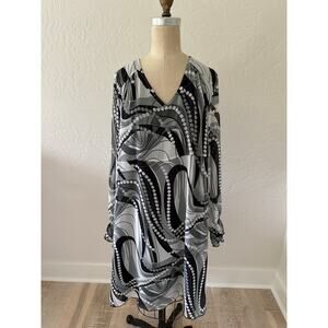 ULLA POPKEN Womens Plus Sz Dress Lined Long Sheer Sleeve Ruffle Black Sz 20/22